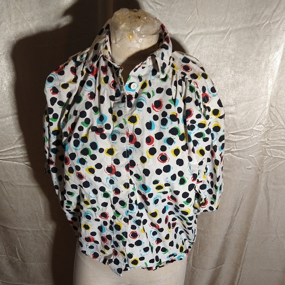 Vintage 60s 70s Ungaro Rainbow and Black Polka Dot Short Sleeve Bubble Blouse.. - Picture 4 of 9